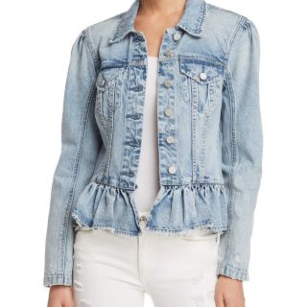 Blank NYC Blue Ruffled Peplum Jean Jacket